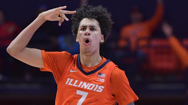 Nov 4, 2024; Champaign, Illinois, USA; Illinois Fighting Illini forward Will Riley (7) reacts after scoring during the second half against the Eastern Illinois Panthers at State Farm Center. Mandatory Credit: Ron Johnson-Imagn Images