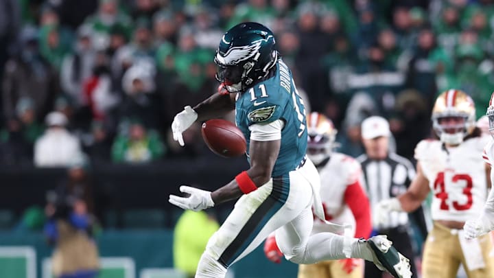 Jan 11, 2026; Philadelphia, PA, USA; Philadelphia Eagles wide receiver A.J. Brown (11) misses a catch against the San Francisco 49ers in an NFC Wild Card Round game at Lincoln Financial Field. Mandatory Credit: Bill Streicher-Imagn Images Jan 11, 2026; Philadelphia, PA, USA; Philadelphia Eagles wide receiver A.J. Brown (11) misses a catch against the San Francisco 49ers in an NFC Wild Card Round game at Lincoln Financial Field. Mandatory Credit: Bill Streicher-Imagn Images