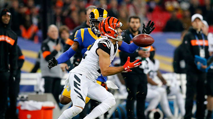 Cincinnati Bengals wide receiver Alex Erickson (12) catches a deep pass in the fourth quarter of the NFL Week 8 game between the Los Angeles Rams and the Cincinnati Bengals at Wembley Stadium in Wembley, London, on Sunday, Oct. 27, 2019. The Bengals lost 24-10, advancing to 0-8 on the season.

Cincinnati Bengals At Los Angeles Rams International Series