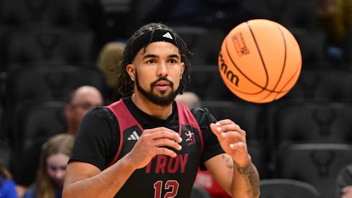 Troy Trojans guard Tayton Conerway (12) works out during NCAA Tournament First Round Practice at Fiserv Forum.