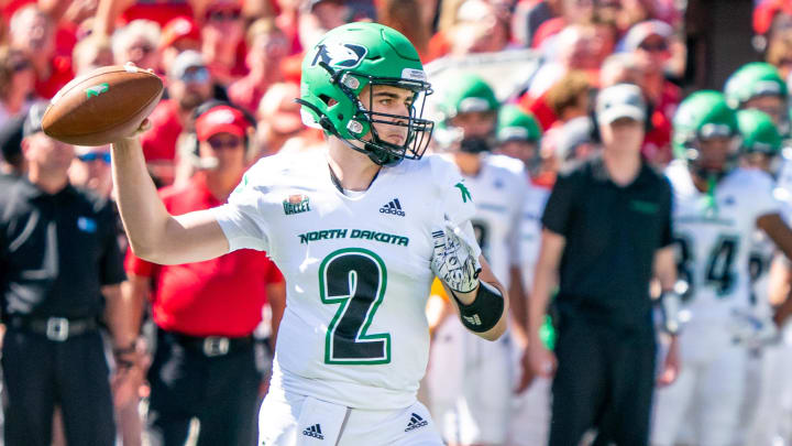 Sep 3, 2022; Lincoln, Nebraska, USA; North Dakota Fighting Hawks quarterback Tommy Schuster (2)