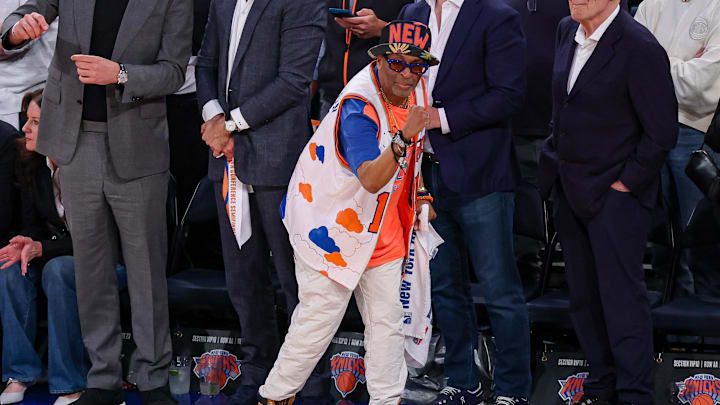 May 12, 2025; New York, New York, USA; Actor and filmmaker Spike Lee reacts in the second half during game four of the second round for the 2025 NBA Playoffs between the New York Knicks and the Boston Celtics at Madison Square Garden. Mandatory Credit: Vincent Carchietta-Imagn Images