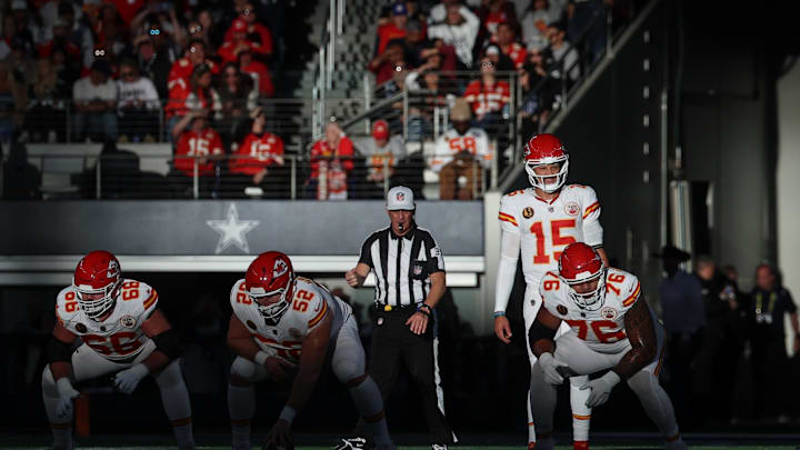 Nov 27, 2025; Arlington, Texas, USA; Kansas City Chiefs quarterback Patrick Mahomes (15) waits for the snap against the Dallas Cowboys during the second quarter at AT&T Stadium. Mandatory Credit: Kevin Jairaj-Imagn Images