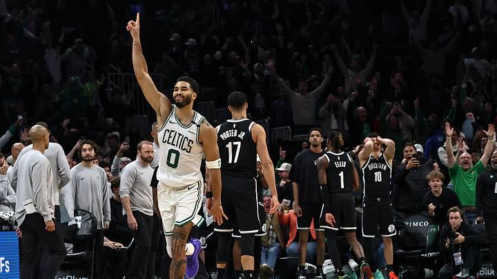 Oct 27, 2026; Boston, Massachusetts, USA; Boston Celtics forward Jayson Tatum (0) celebrates his game winning shot at the end of overtime to defeat the Brooklyn Nets at TD Garden. Mandatory Credit: Winslow Townson-Imagn Images