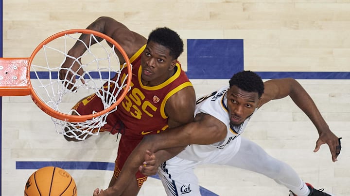 USC Trojans forward Kijani Wright (33) and California Golden Bears guard Keonte Kennedy (3) vie for a rebound during the second half at Haas Pavilion.
