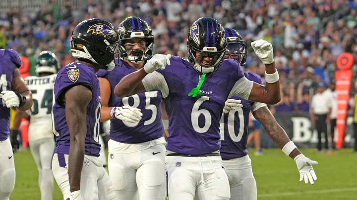 Aug 15, 2026; Baltimore, Maryland, USA; Baltimore Ravens wide receiver Ja’Kobi Lane (6) is greeted by teammates after his touchdown catch during the second quarter against the Philadelphia Eagles at M&T Bank Stadium. Mandatory Credit: Mitch Stringer-Imagn Images Aug 15, 2026; Baltimore, Maryland, USA; Baltimore Ravens wide receiver Ja’Kobi Lane (6) is greeted by teammates after his touchdown catch during the second quarter against the Philadelphia Eagles at M&T Bank Stadium. Mandatory Credit: Mitch Stringer-Imagn Images