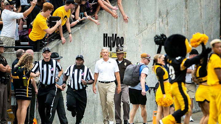 Iowa head coach Kirk Ferentz walks out to the field before a NCAA Big Ten Conference football game against Indiana, Saturday, Sept. 4, 2021, at Kinnick Stadium in Iowa City, Iowa.

210904 Indiana Iowa Fb Extras 001 Jpg