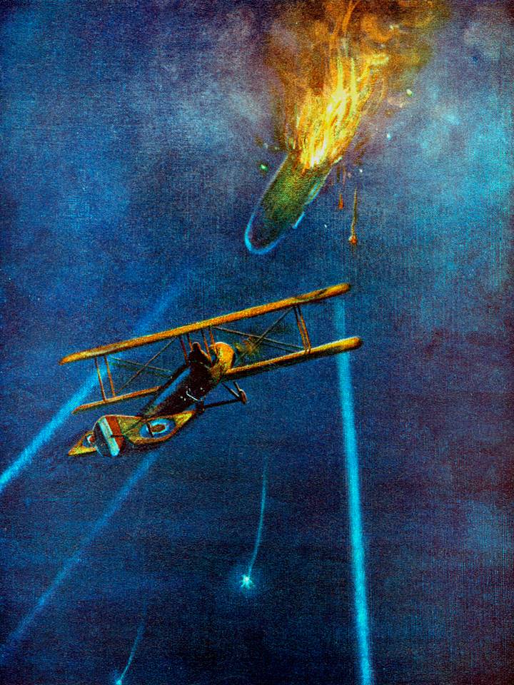 A zeppelin airship shot down during a bombing raid on London, 1916.