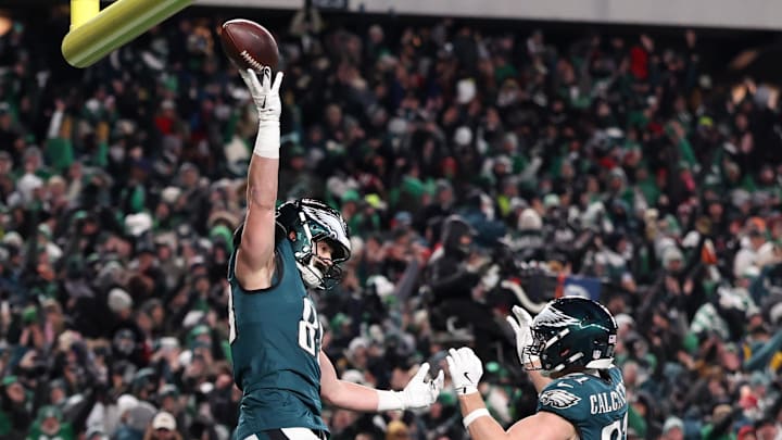 Jan 11, 2026; Philadelphia, PA, USA; Philadelphia Eagles tight end Dallas Goedert (88) celebrates after scoring a touchdown with tight end Grant Calcaterra (81) during the second quarter in an NFC Wild Card Round game at Lincoln Financial Field. Mandatory Credit: Bill Streicher-Imagn Images