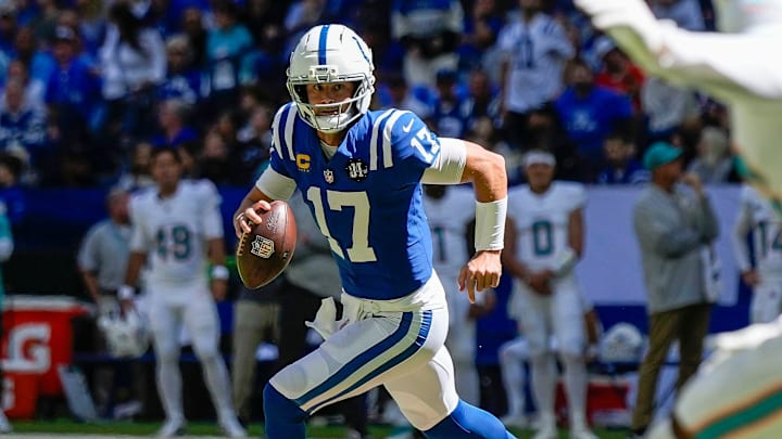 Indianapolis Colts quarterback Daniel Jones (17) ruses up the field Sunday, Sept. 7, 2025, during the game at Lucas Oil Stadium in Indianapolis. The Indianapolis Colts defeated the Miami Dolphins, 33-8. Indianapolis Colts quarterback Daniel Jones (17) ruses up the field Sunday, Sept. 7, 2025, during the game at Lucas Oil Stadium in Indianapolis. The Indianapolis Colts defeated the Miami Dolphins, 33-8.