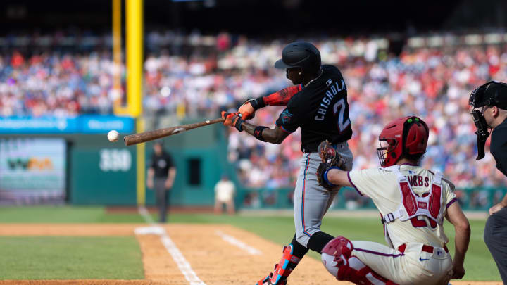 Miami Marlins outfielder Jazz Chisholm Jr. (2) hits an RBI single during the seventh inning against the Philadelphia Phillies at Citizens Bank Park on June 29.