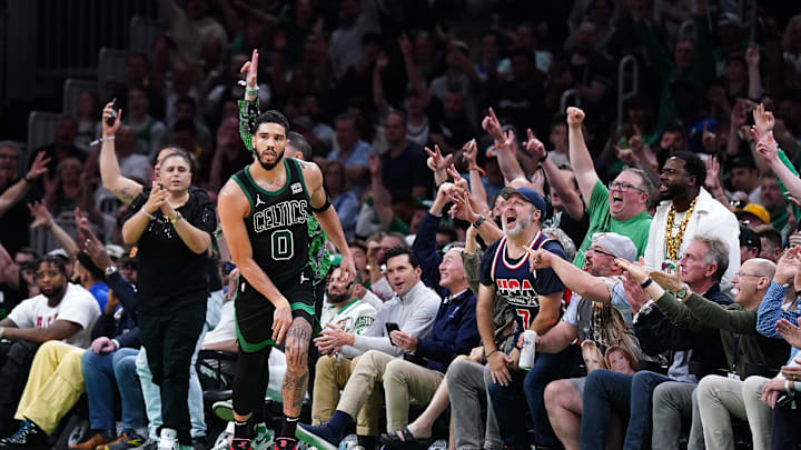 May 23, 2024; Boston, Massachusetts, USA; Boston Celtics forward Jayson Tatum (0) reacts after a play against the Indiana Pacers in the first half during game two of the eastern conference finals for the 2024 NBA playoffs at TD Garden. Mandatory Credit: David Butler II-Imagn Images