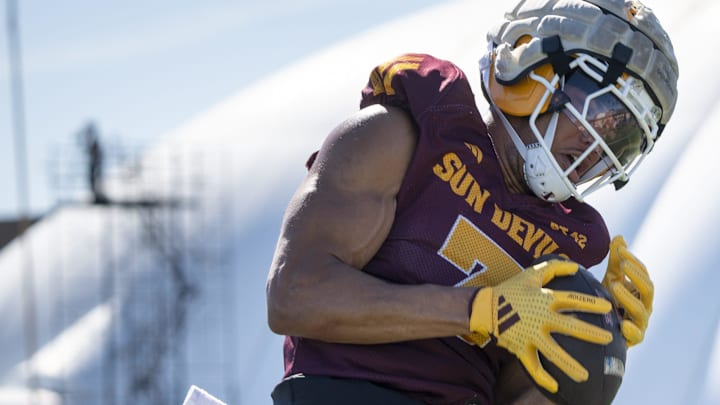 Raiden Vines-Bright (#7 WR) catches a pass during ASU football practice at Kajikawa Practice fields in Tempe, Arizona, on March 19, 2026.
