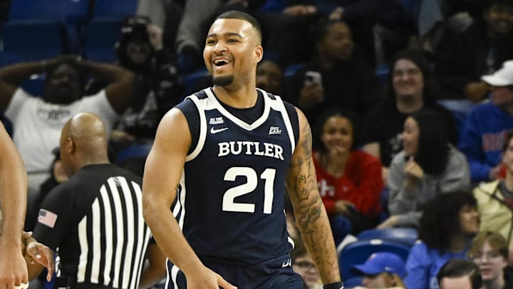 Feb 22, 2025; Chicago, Illinois, USA;  Butler Bulldogs forward Pierre Brooks II (21) reacts after scoring against the DePaul Blue Demons during the second half at Wintrust Arena. Mandatory Credit: Matt Marton-Imagn Images