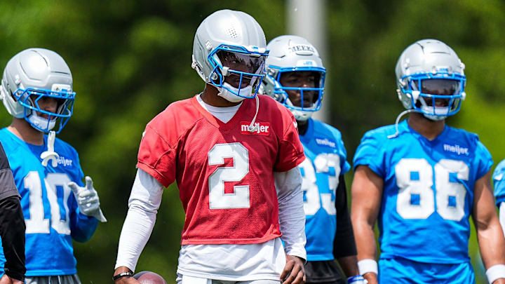 Detroit Lions quarterback Hendon Hooker (2) watches practice during OTA at Meijer Performance Center in Allen Park on Friday, May 30, 2025.
