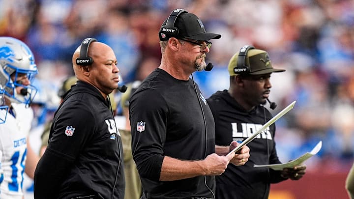 Detroit Lions head coach Dan Campbell watches a play against Washington Commanders during the first half at Northwest Stadium in Landover, Md. on Sunday, November 9, 2025.