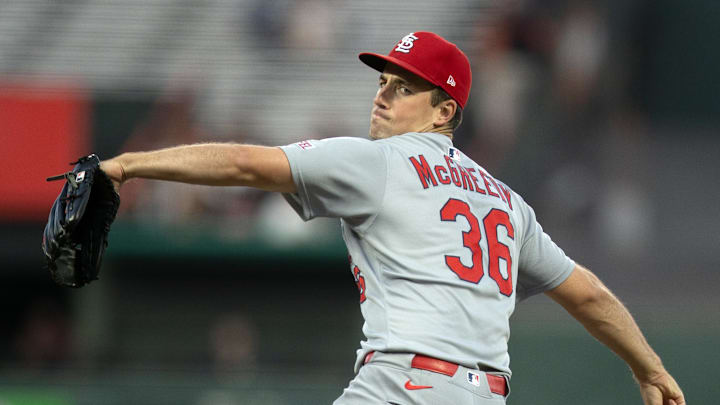 Sep 22, 2025; San Francisco, California, USA; St. Louis Cardinals starting pitcher Michael McGreevy (36) delivers a pitch against the San Francisco Giants during the first inning at Oracle Park. Mandatory Credit: D. Ross Cameron-Imagn Images