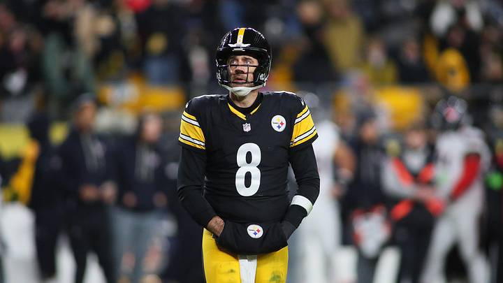 Pittsburgh Steelers quarterback Aaron Rodgers (8) looks on after being sacked during the first half of the NFL Wild Card game against the Houston Texans at Acrisure Stadium in Pittsburgh, PA on January 12, 2026.
