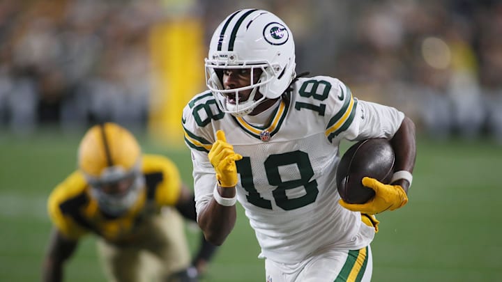 Green Bay Packers wide receiver Malik Heath (18) sprints downfield during the first half against the against the Pittsburgh Steelers at Acrisure Stadium in Pittsburgh, PA on October 26, 2025.