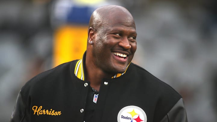 Former Steeler and Hall of Honor inductee James Harrison smiles during the Hall of Honor ceremony which took place during halftime of the Pittsburgh Steelers and Jacksonville Jaguars game at Acrisure Stadium in Pittsburgh, PA on October 29, 2023.