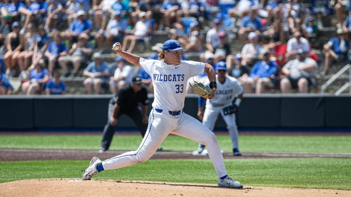Kentucky's Travis Smith (33) brought some heat against Ball State in the NCAA Tournament Lexington Regional at Kentucky Proud Park in Lexington, Ky. The Wildcats defeated the Cardinals 4-0. Friday, June 2, 2023
