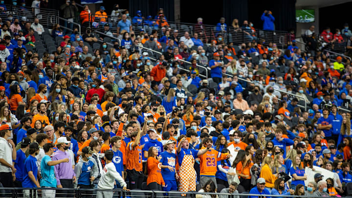 Bishop Gorman fans cheer a score versus McQueen during the first half of their Class 5A football state championship game at Allegiant Stadium on Thursday, Nov. 18, 2021, in Las Vegas.  (L.E. Baskow/Las Vegas Review-Journal) @Left_Eye_Images

Preps 2afootball Nov19 21