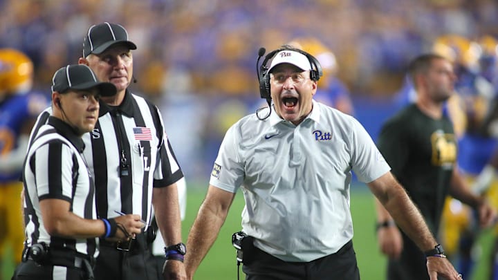 Head Coach Pat Narduzzi of the Pittsburgh Panthers reacts after a call in the final moments of the second half of the Backyard Brawl against the West Virginia Mountaineers at Acrisure Stadium in Pittsburgh, PA on September 1, 2022.

Pitt Vs West Virginia Backyard Brawl