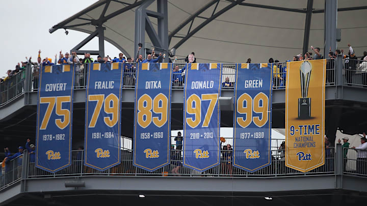 Former Pittsburgh Panther and retired NFL defensive tackle Aaron Donald’s jersey number is unveiled during the ceremony during halftime of the Pittsburgh Panthers vs Notre Dame Fighting Irish game at Acrisure Stadium in Pittsburgh, PA on November 15, 2025.