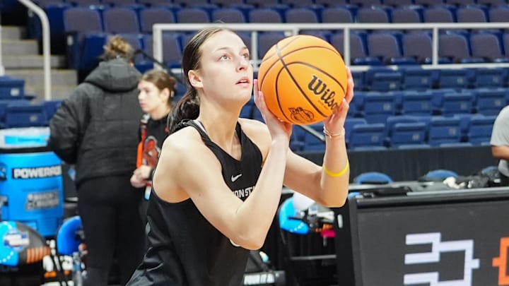 Mar 28, 2024; Albany, NY, USA; Oregon State Beavers guard AJ Marotte (11) shoots the ball during practice prior to their NCAA Tournament Sweet 16 game at MVP Arena. Mandatory Credit: Gregory Fisher-Imagn Images
