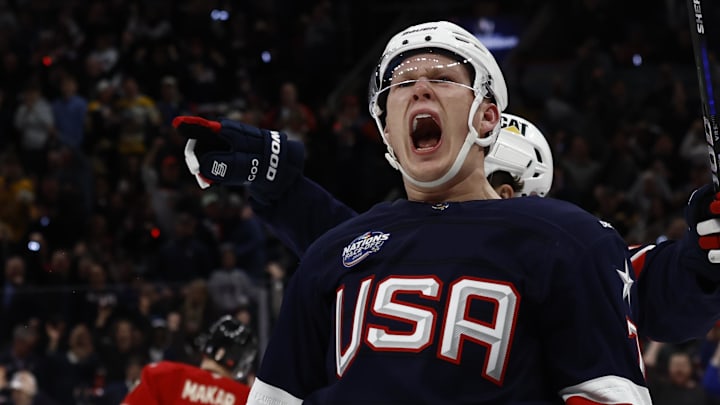 Feb 20, 2025; Boston, MA, USA; [Imagn Images direct customers only]  Team USA forward Brady Tkachuk (7) celebrates scoring against Team Canada during the first period during the 4 Nations Face-Off ice hockey championship game at TD Garden. Mandatory Credit: Winslow Townson-Imagn Images