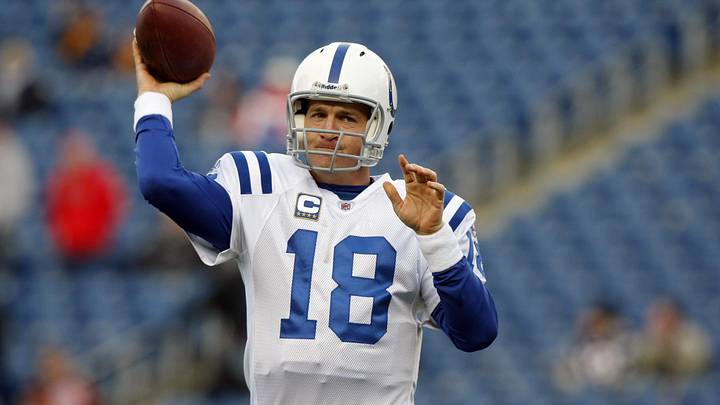 Nov 21, 2010; Foxboro, MA, USA; Indianapolis Colts quarterback Peyton Manning (18) warms up before the start of the game against the New England Patriots at Gillette Stadium. Nov 21, 2010; Foxboro, MA, USA; Indianapolis Colts quarterback Peyton Manning (18) warms up before the start of the game against the New England Patriots at Gillette Stadium.