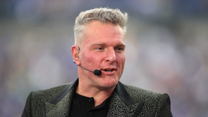 ESPN analyst Pat McAfee broadcasts live from the sidelines of Acrisure Stadium in Pittsburgh, PA prior to the start of the Pittsburgh Panthers vs Notre Dame Fighting Irish game on November 15, 2025. ESPN analyst Pat McAfee broadcasts live from the sidelines of Acrisure Stadium in Pittsburgh, PA prior to the start of the Pittsburgh Panthers vs Notre Dame Fighting Irish game on November 15, 2025.