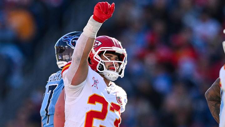 Dec 21, 2025; Nashville, Tennessee, USA;  Kansas City Chiefs linebacker Drue Tranquill (23) holds up a fist after stoppingg Tennessee Titans on forth down during the second half at Nissan Stadium. Mandatory Credit: Steve Roberts-Imagn Images