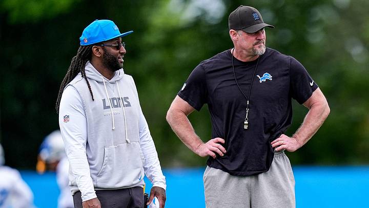 Detroit Lions defensive coordinator Kelvin Sheppard, left, and head coach Dan Campbell watch practice during mini camp at Meijer Performance Center in Allen Park on Wednesday, June 17, 2026. Detroit Lions defensive coordinator Kelvin Sheppard, left, and head coach Dan Campbell watch practice during mini camp at Meijer Performance Center in Allen Park on Wednesday, June 17, 2026.