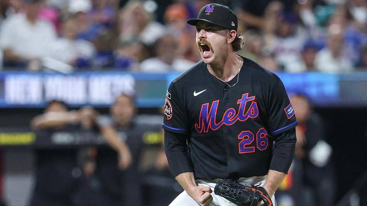 Sep 4, 2026; New York City, New York, USA;  New York Mets starting pitcher Nolan McLean (26) celebrates after retiring the side in the sixth inning against the San Francisco Giants at Citi Field.  Mandatory Credit: Wendell Cruz-Imagn Images