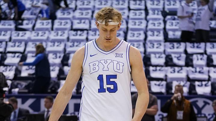 Feb 14, 2026; Provo, Utah, USA; BYU Cougars guard Richie Saunders (15) warms up prior to a game against the Colorado Buffaloes at the Marriott Center. Mandatory Credit: Aaron Baker-Imagn Images

