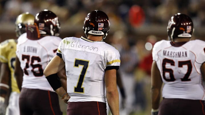 November 1, 2007; Atlanta, GA, USA; Virginia Tech Hokies quarterback (7) Sean Glennon from behind wearing a Georgia Tech jersey after his was stolen before the game as they take on the Georgia Tech Yellow Jackets in the second quarter at Bobby Dodd Stadium. The Hokies defeated the Yellow Jackets 27 to 3. Mandatory Credit: Dale Zanine Imagn Images