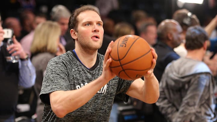 Jan 17, 2017; Brooklyn, NY, USA; Brooklyn Nets shooting guard Bojan Bogdanovic (44) warms up before a game against the Toronto Raptors at Barclays Center. Mandatory Credit: Brad Penner-Imagn Images