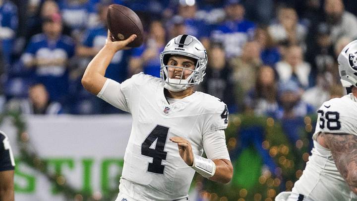 Dec 31, 2023; Indianapolis, Indiana, USA; Las Vegas Raiders quarterback Aidan O'Connell (4) passes Dec 31, 2023; Indianapolis, Indiana, USA; Las Vegas Raiders quarterback Aidan O'Connell (4) passes