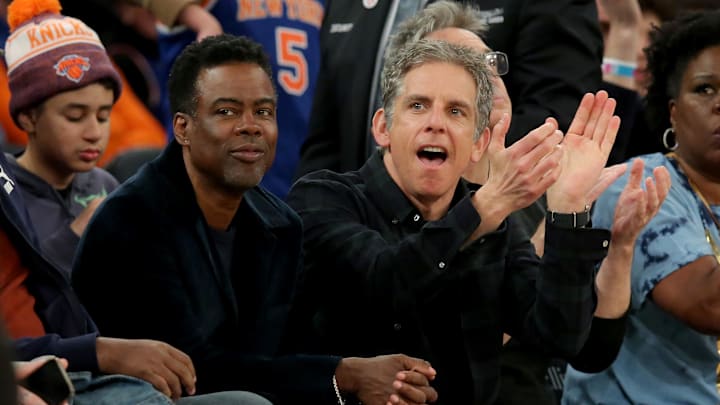 Mar 29, 2023; New York, New York, USA; American actors and comedians Chris Rock (left) and Ben Stiller sit court side during the third quarter between the New York Knicks and the Miami Heat at Madison Square Garden. Mandatory Credit: Brad Penner-Imagn Images