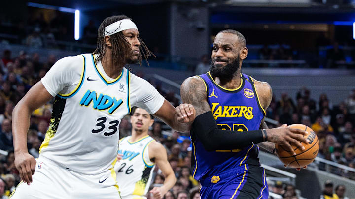 Mar 26, 2025; Indianapolis, Indiana, USA; Los Angeles Lakers forward LeBron James (23) shoots the ball while Indiana Pacers center Myles Turner (33) defends in the second half at Gainbridge Fieldhouse. Mandatory Credit: Trevor Ruszkowski-Imagn Images Mar 26, 2025; Indianapolis, Indiana, USA; Los Angeles Lakers forward LeBron James (23) shoots the ball while Indiana Pacers center Myles Turner (33) defends in the second half at Gainbridge Fieldhouse. Mandatory Credit: Trevor Ruszkowski-Imagn Images