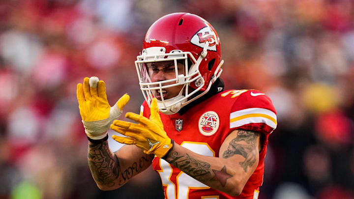 Jan 30, 2022; Kansas City, Missouri, USA; Kansas City Chiefs free safety Tyrann Mathieu (32) celebrates during the second half of the AFC Championship game against the Cincinnati Bengals at GEHA Field at Arrowhead Stadium. Mandatory Credit: Jay Biggerstaff-Imagn Images