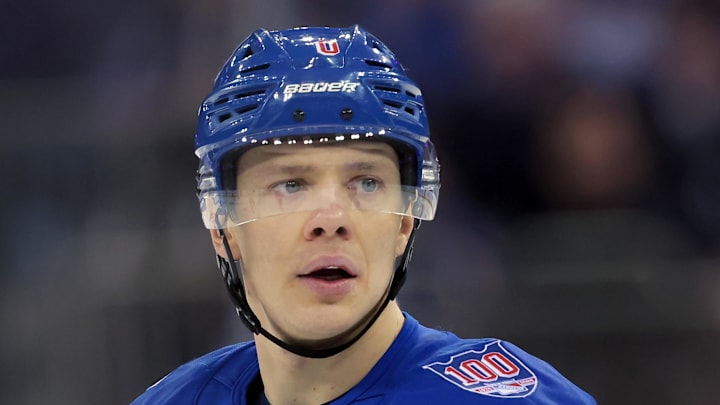 Jan 5, 2026; New York, New York, USA; New York Rangers left wing Artemi Panarin (10) skates against the Utah Mammoth during the second period at Madison Square Garden. Mandatory Credit: Brad Penner-Imagn Images