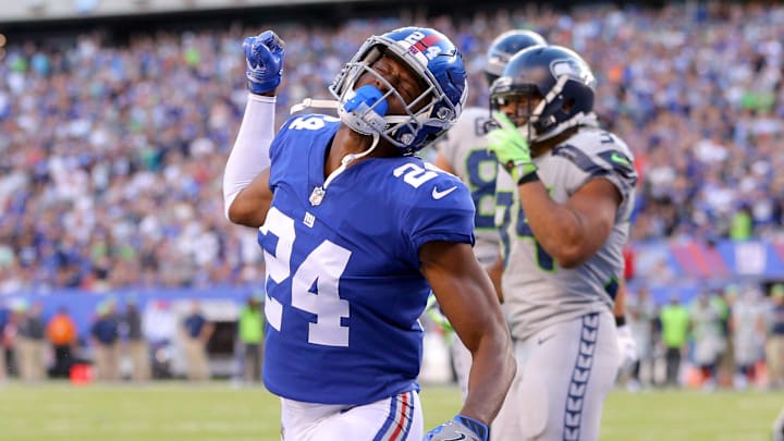 Oct 22, 2017; East Rutherford, NJ, USA; New York Giants corner back Eli Apple (24) reacts after breaking up a pass in the end zone during the second quarter against the Seattle Seahawks at MetLife Stadium. Mandatory Credit: Brad Penner-Imagn Images