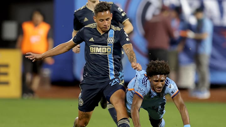 Union midfielder Jesus Bueno (20) putting the hurt on NYCFC's Talles Magno
