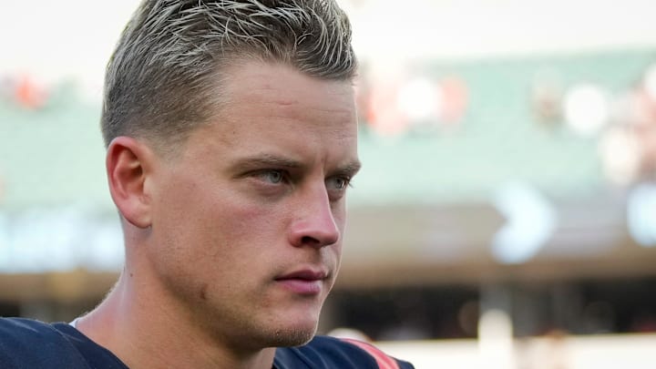 Cincinnati Bengals quarterback Joe Burrow (9) heads for the locker room after the NFL Week 5 game between the Cincinnati Bengals and Baltimore Ravens at Paycor Stadium in downtown Cincinnati on Sunday, Oct. 6, 2024. The Bengals fell to 1-4 on the season with a 41-38 loss to the Ravens. Cincinnati Bengals quarterback Joe Burrow (9) heads for the locker room after the NFL Week 5 game between the Cincinnati Bengals and Baltimore Ravens at Paycor Stadium in downtown Cincinnati on Sunday, Oct. 6, 2024. The Bengals fell to 1-4 on the season with a 41-38 loss to the Ravens.