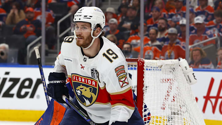 Jun 4, 2025; Edmonton, Alberta, CAN; Florida Panthers left wing Matthew Tkachuk (19) in the second period in game one of the 2025 Stanley Cup Final at Rogers Place. 