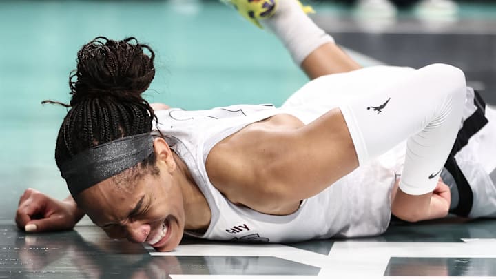 Jul 8, 2025; Brooklyn, New York, USA; Las Vegas Aces center A'ja Wilson (22) reacts after getting fouled in the first quarter against the New York Liberty at Barclays Center. Jul 8, 2025; Brooklyn, New York, USA; Las Vegas Aces center A'ja Wilson (22) reacts after getting fouled in the first quarter against the New York Liberty at Barclays Center.
