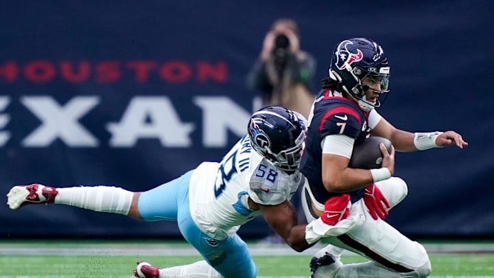 Houston Texans quarterback C.J. Stroud (7) is sacked by Tennessee Titans linebacker Harold Landry III (58) during the fourth quarter at NRG Stadium in Houston, Texas., Sunday, Dec. 31, 2023. Houston Texans quarterback C.J. Stroud (7) is sacked by Tennessee Titans linebacker Harold Landry III (58) during the fourth quarter at NRG Stadium in Houston, Texas., Sunday, Dec. 31, 2023.
