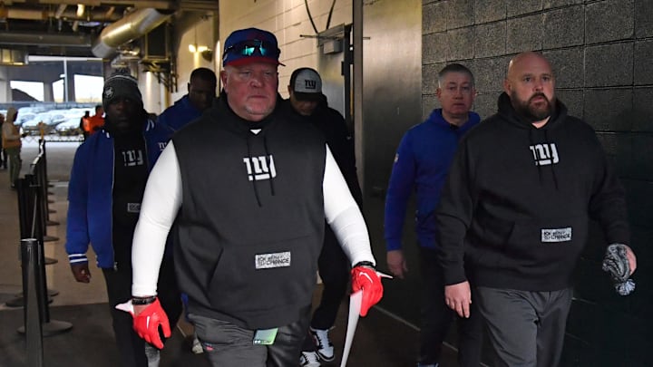Dec 25, 2023; Philadelphia, Pennsylvania, USA; New York Giants defensive coordinator Don  Wink  Martindale and head coach Brian Daboll walk to the field against the Philadelphia Eagles at Lincoln Financial Field. Mandatory Credit: Eric Hartline-Imagn Images